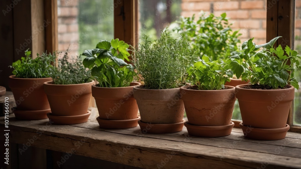 A row of potted herbs on a wooden table by a window, showcasing greenery and natural light. A row of potted herbs on a wooden table by a window, showcasing greenery and natural light.