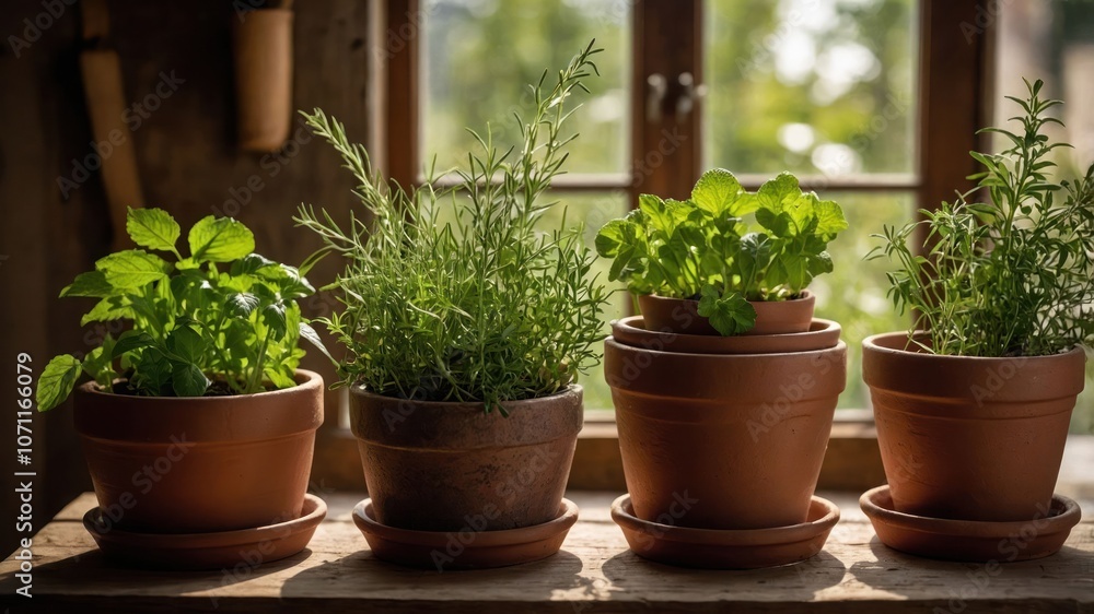 A collection of potted herbs on a windowsill, showcasing greenery and natural light. A collection of potted herbs on a windowsill, showcasing greenery and natural light.