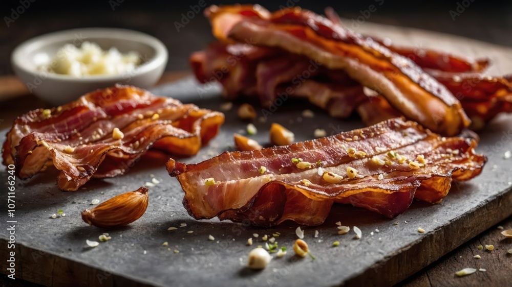 Crispy bacon strips arranged on a slate board with garlic and seasoning. Crispy bacon strips arranged on a slate board with garlic and seasoning.