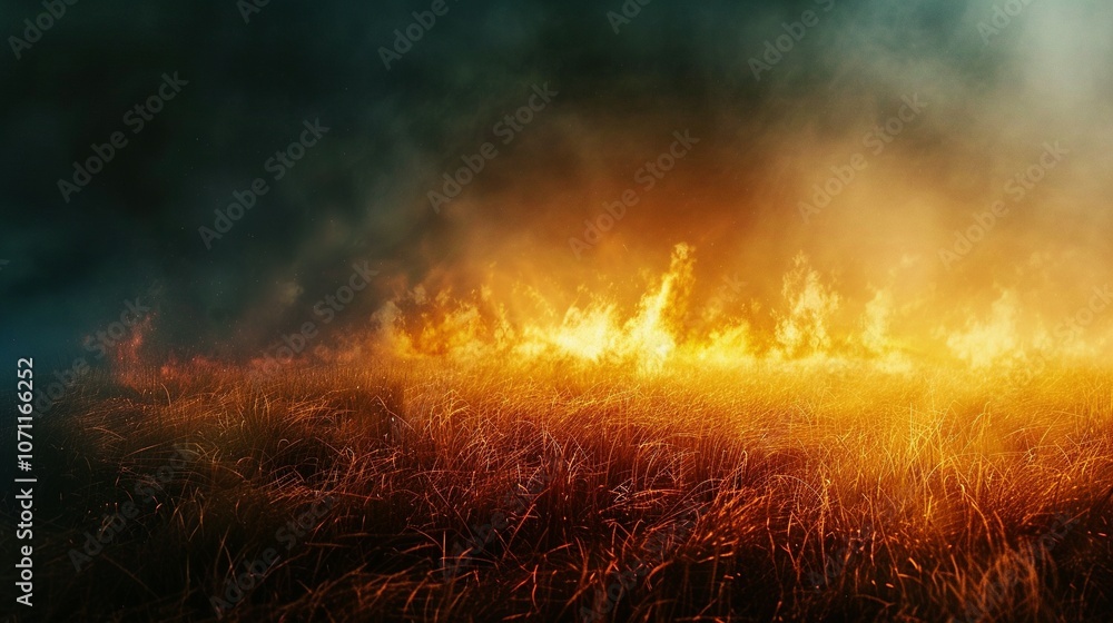 Fototapeta premium Desolate Landscape: Environmental Disaster Unfolded as Fires Engulf Dry Stubble and Grasslands