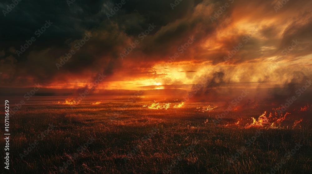 Obraz premium Desolate Landscape: Environmental Disaster Unfolded as Fires Engulf Dry Stubble and Grasslands