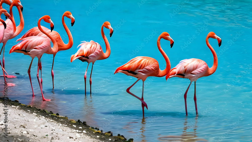 Obraz premium Wild african birds. Group birds of pink african flamingos walking around the blue lagoon on a sunny day