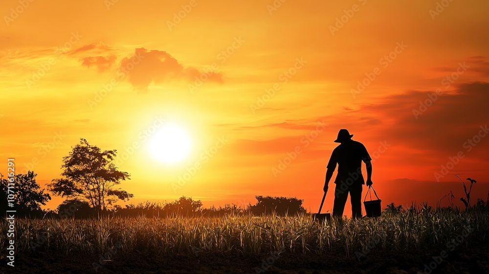 Fototapeta premium A hardworking farmer laboring under the intense heat of a big sun, wearing a wide-brimmed hat to shield from the sun's rays. The vast, open field stretches out in the background
