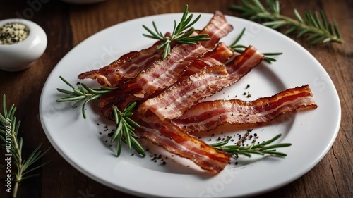 A plate of crispy bacon strips garnished with rosemary and black pepper.