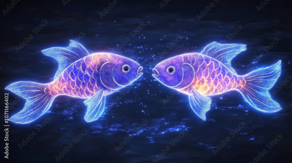 Two Luminous Neon Fish, in Harmony, Shining Purple and Blue, on a Dark, Ethereal Background. Two Luminous Neon Fish, in Harmony, Shining Purple and Blue, on a Dark, Ethereal Background.