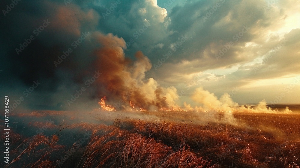 Fototapeta premium Ecological Tragedy: Smoldering Remains of a Once-Green Meadow Ravaged by Flame and Smoke