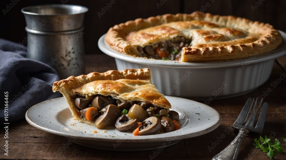 A slice of mushroom pie on a plate beside a whole pie in a rustic setting. A slice of mushroom pie on a plate beside a whole pie in a rustic setting.