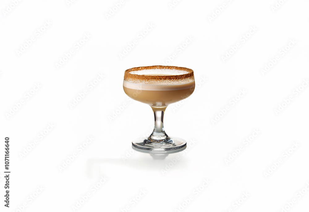 A clear glass filled with a creamy, frothy drink with a rim of cinnamon. A clear glass filled with a creamy, frothy drink with a rim of cinnamon.