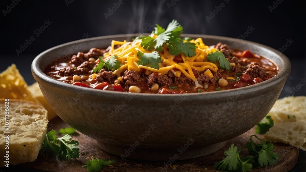 A steaming bowl of chili topped with cheese and cilantro, served with bread on the side. A steaming bowl of chili topped with cheese and cilantro, served with bread on the side.
