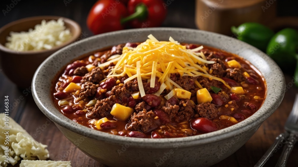 A hearty bowl of chili topped with cheese, surrounded by fresh ingredients. A hearty bowl of chili topped with cheese, surrounded by fresh ingredients.