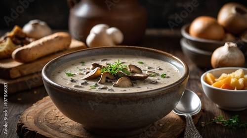 A bowl of creamy mushroom soup garnished with herbs, surrounded by ingredients on a rustic table.