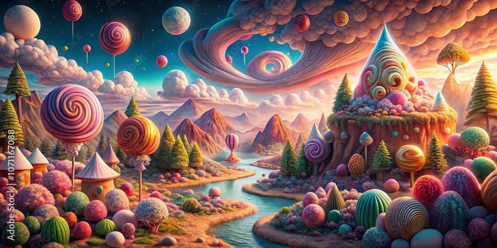 Fototapeta premium A Whimsical Landscape of Swirling Candy and Floating Balloons, Where Every Element is a Delightful Surprise