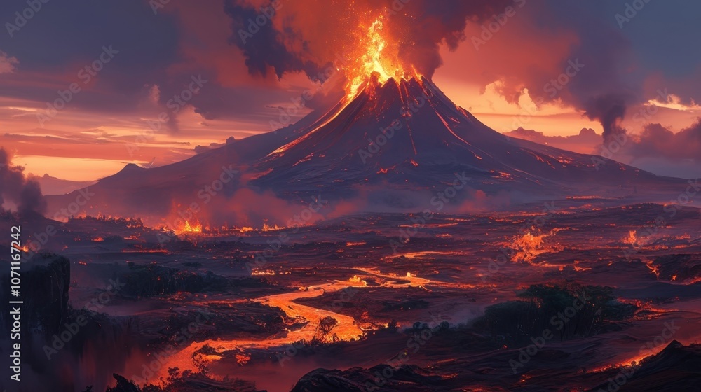 As the volcano erupted a cloud of fiery lava dust billowed into the night sky casting an eerie red glow across the landscape. As the volcano erupted a cloud of fiery lava dust billowed into the night sky casting an eerie red glow across the landscape.