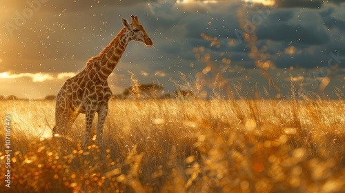 captures a majestic giraffe walking through a field of tall grass, under a beautiful sunset sky. photo