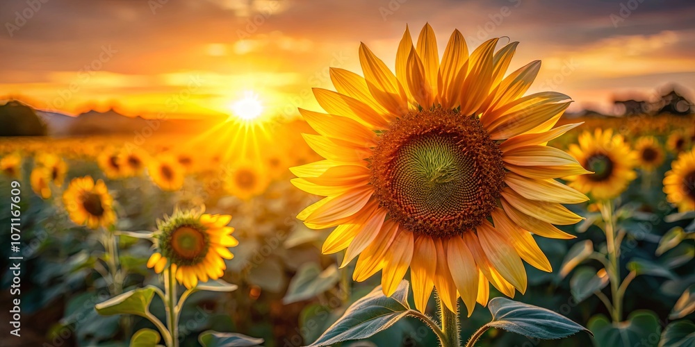 A Single Sunflower Stands Tall Against A Vibrant Sunset Sky, Surrounded By A Field Of Its Peers A Single Sunflower Stands Tall Against A Vibrant Sunset Sky, Surrounded By A Field Of Its Peers