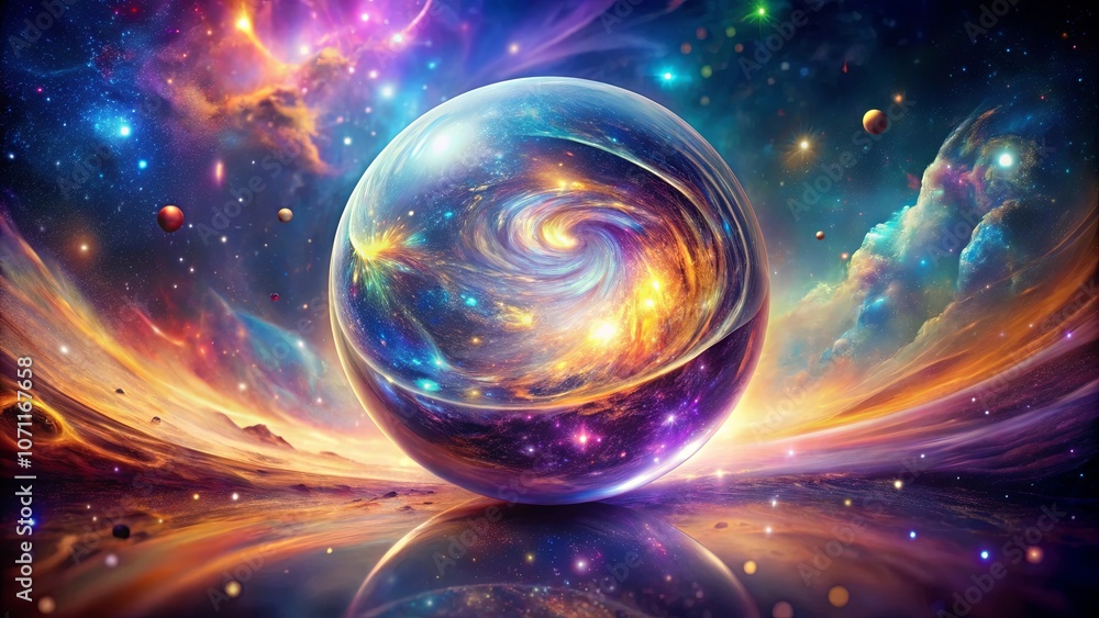 A Cosmic Orb Encapsulating a Swirling Galaxy, Glowing with a Celestial Radiance, Surrounded by Scattered Planets and Nebulas in an Infinite Tapestry of Stars A Cosmic Orb Encapsulating a Swirling Galaxy, Glowing with a Celestial Radiance, Surrounded by Scattered Planets and Nebulas in an Infinite Tapestry of Stars