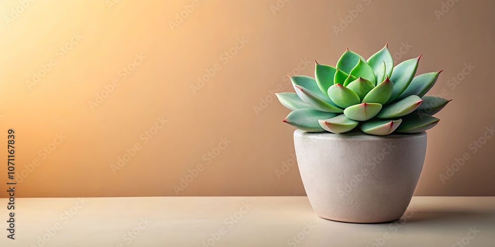 A potted succulent with vibrant green leaves and a hint of red around the edges, resting on a smooth white surface against a soft, beige background illuminated by warm sunlight. A potted succulent with vibrant green leaves and a hint of red around the edges, resting on a smooth white surface against a soft, beige background illuminated by warm sunlight.