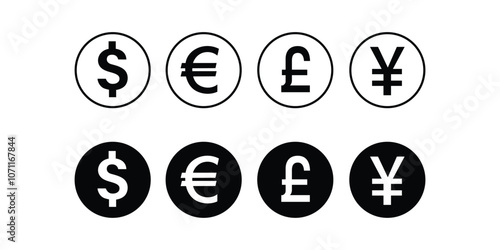 Set of common currency signs. dollar, euro, pound,  and yen