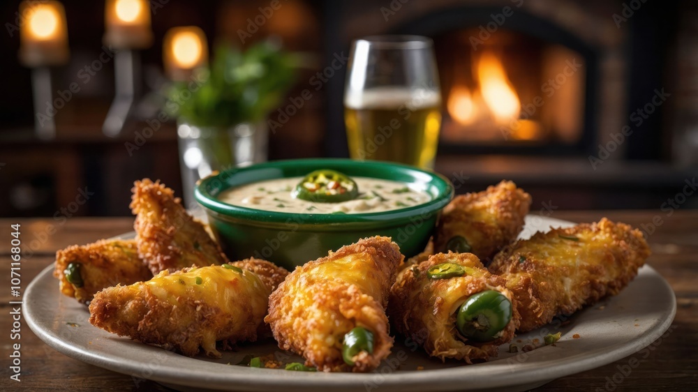 A plate of crispy jalape?o poppers served with a creamy dip and a glass of beer. A plate of crispy jalape?o poppers served with a creamy dip and a glass of beer.