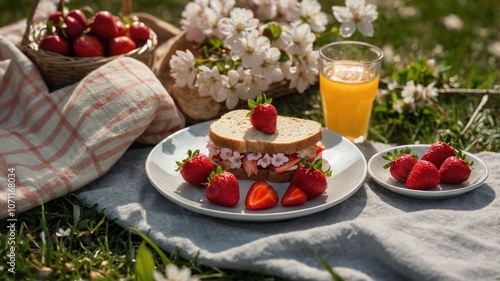 A picnic scene featuring a sandwich, strawberries, and juice on a blanket surrounded by flowers.