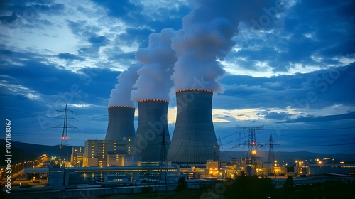 Atomic power station generating electricity, with a focus on the futuristic and powerful aspects of nuclear energy