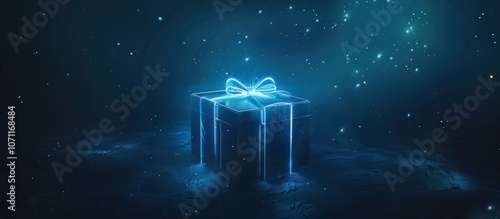 A blue box with a bow on top of it is lit up in the dark