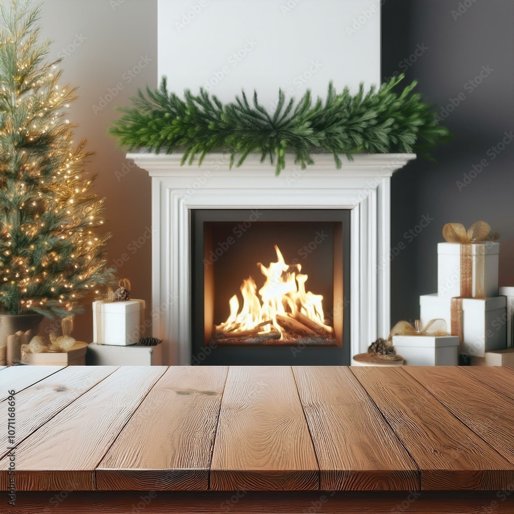 Wooden table top fireplace christmas decor. Wooden table top fireplace christmas decor.