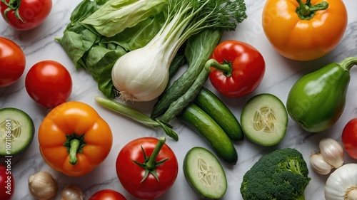 Fresh vegetables including tomatoes, cucumbers, peppers, and broccoli arranged on a marble surface.