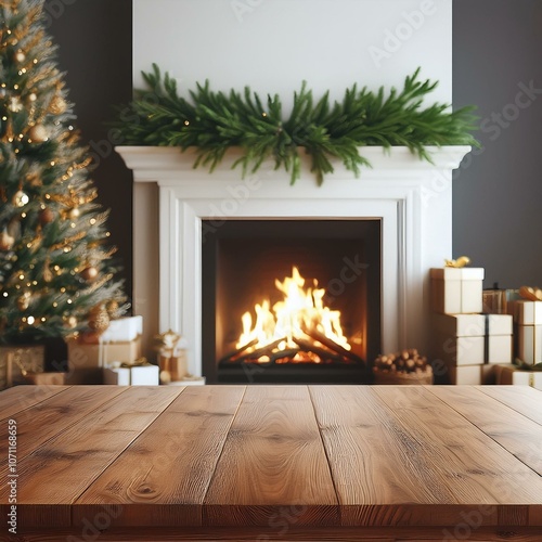 Wooden table top fireplace christmas decor.