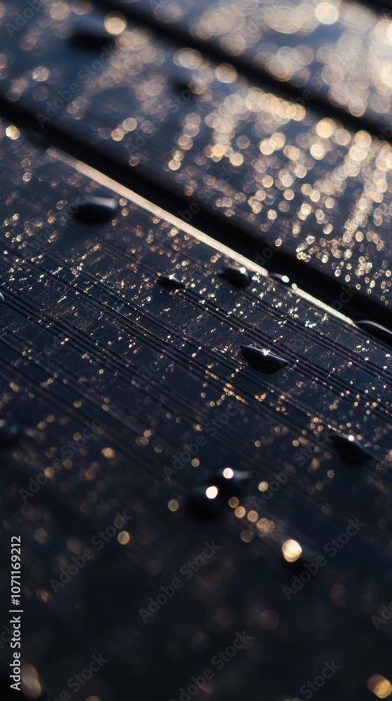 Fototapeta premium Water droplets reflecting sunlight on dark wooden surface