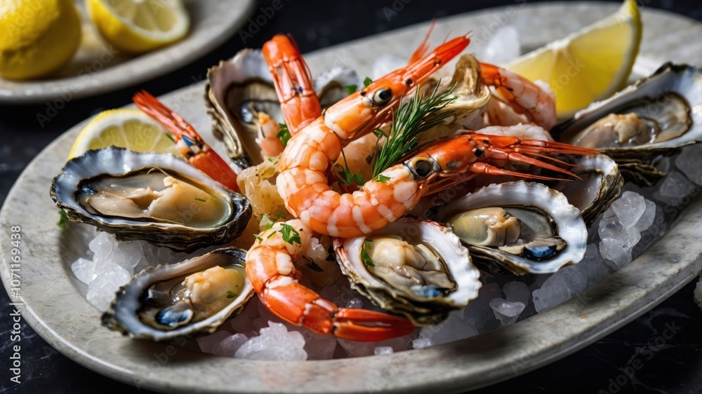 A seafood platter featuring shrimp and oysters garnished with lemon. A seafood platter featuring shrimp and oysters garnished with lemon.