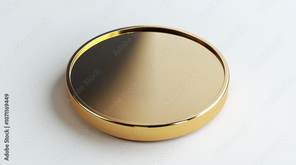 Chrome gold coin, rendered in 3D, top view on a plain white backdrop, with polished finish. Chrome gold coin, rendered in 3D, top view on a plain white backdrop, with polished finish.