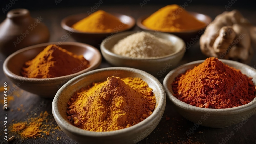 A collection of colorful spices in bowls, showcasing culinary diversity and flavor. A collection of colorful spices in bowls, showcasing culinary diversity and flavor.