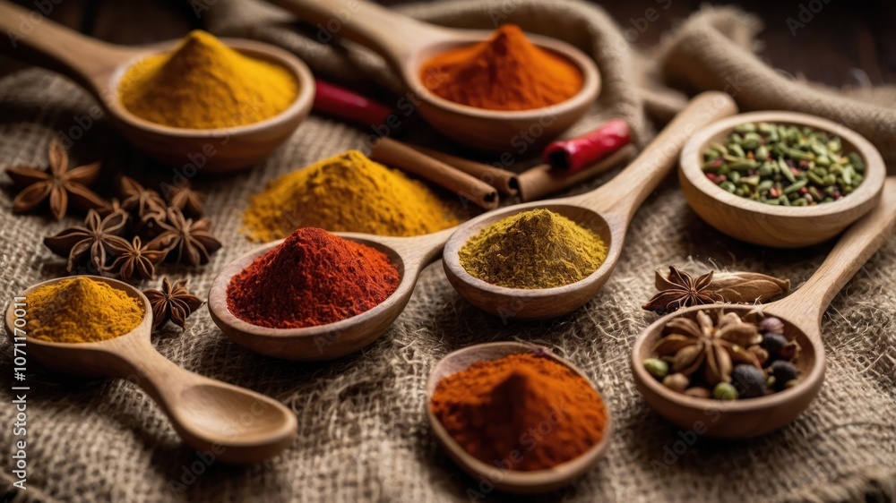 A vibrant assortment of spices displayed in wooden spoons on a textured background. A vibrant assortment of spices displayed in wooden spoons on a textured background.