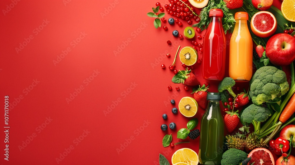 Fototapeta premium Bottles of healthy juices surrounded by fruits, berries, and vegetables on a red background, with space for text