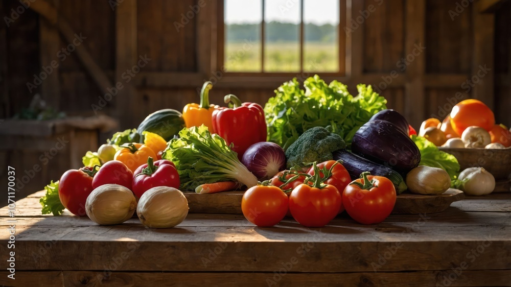 A vibrant display of fresh vegetables on a wooden table in a rustic setting. A vibrant display of fresh vegetables on a wooden table in a rustic setting.
