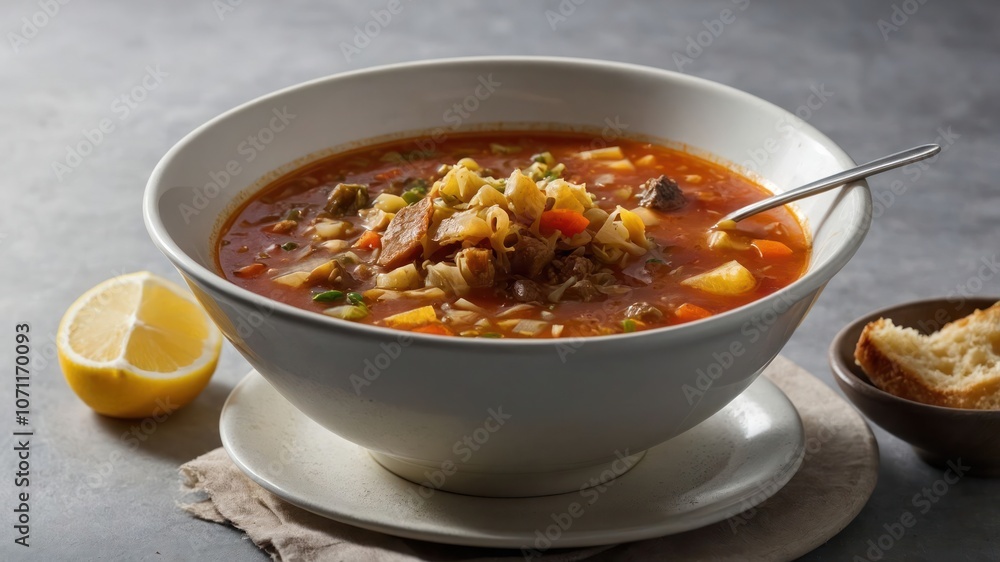A hearty bowl of soup with vegetables, meat, and a side of bread and lemon. A hearty bowl of soup with vegetables, meat, and a side of bread and lemon.