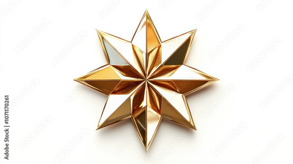 Detailed top view of a gold star icon, polished and isolated on a white background in 3D. Detailed top view of a gold star icon, polished and isolated on a white background in 3D.