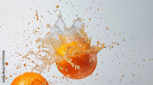 Exploding orange fruit against a white background, capturing dynamic splashes