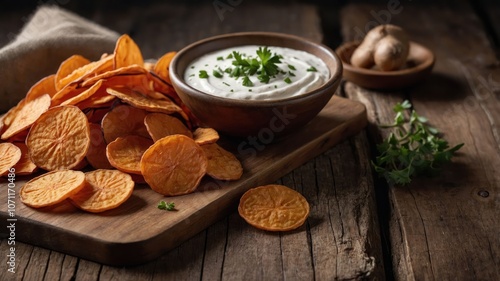 A wooden platter featuring sweet potato chips and a creamy dip garnished with herbs.