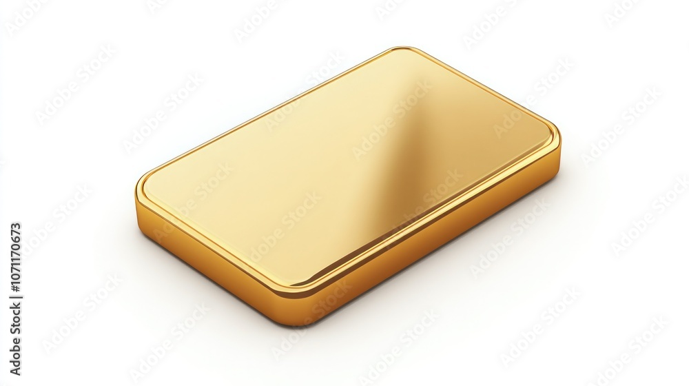 Gold card symbol with reflective, polished look, top-down view on clean white background. Gold card symbol with reflective, polished look, top-down view on clean white background.