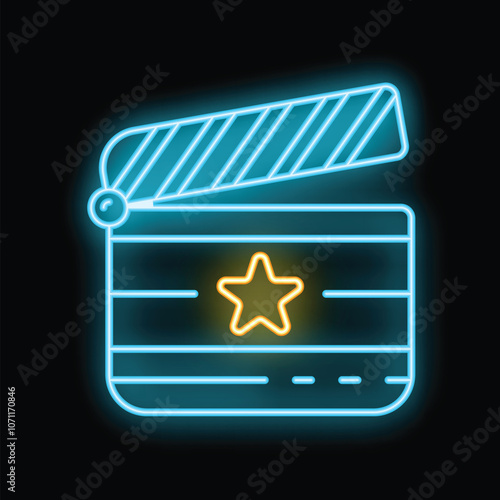 Neon movie clapperboard glowing with bright star, symbolizing film industry and stardom