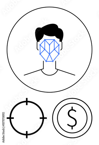 Persons face with geometric facial recognition overlay, crosshair icon, dollar sign. Ideal for technology, security, finance, identification, biometrics targeting digital marketing. Line metaphor