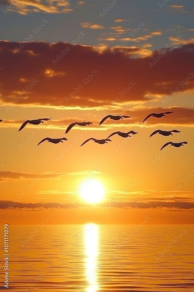 Fototapeta premium Tranquil Sunset Sky Flock of Birds Silhouetted in Flight Over a Golden Ocean at Sunset