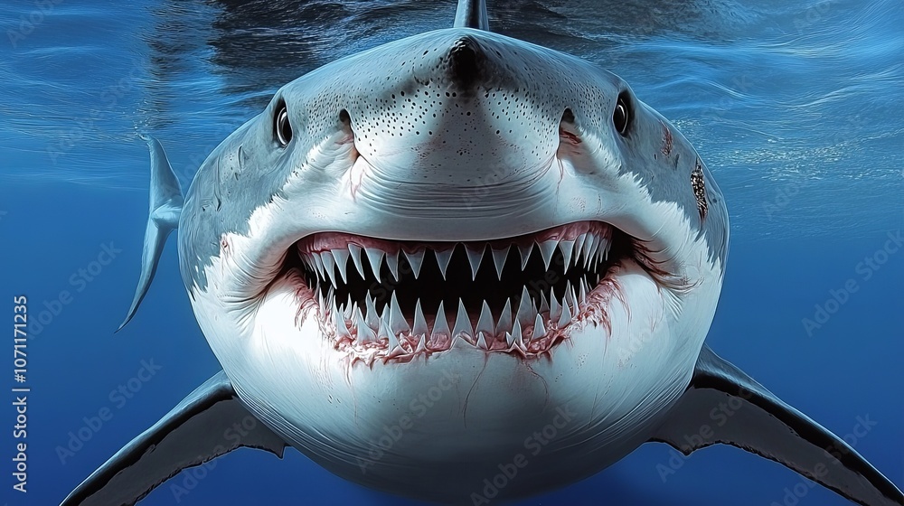 Obraz premium Close-up Portrait of a Great White Shark, Underwater View with Open Jaws, Showing Teeth.