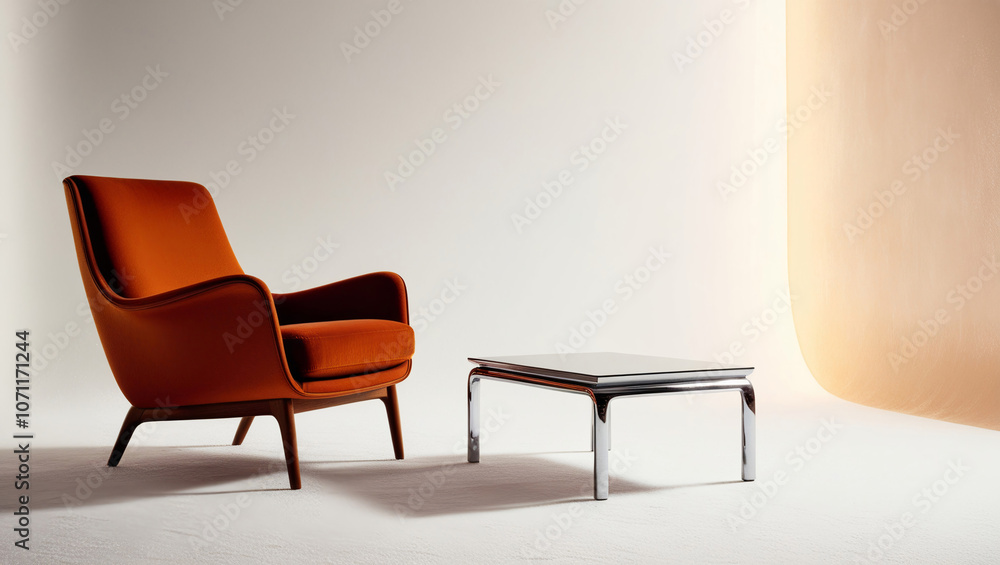 AI generative. Minimal design of coffee table set mockup, orange with blank white background. 7