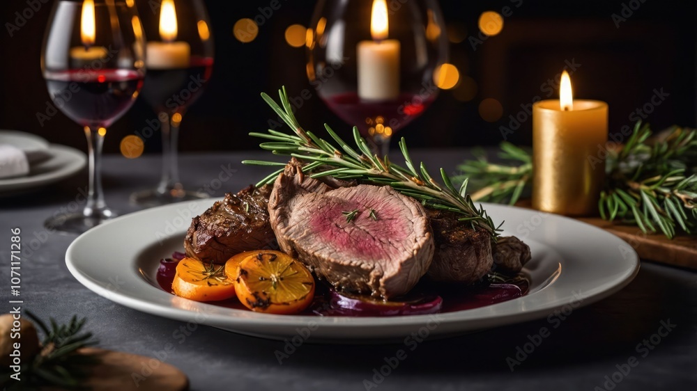 A gourmet plate featuring beef, garnished with herbs and accompanied by wine and candles. A gourmet plate featuring beef, garnished with herbs and accompanied by wine and candles.