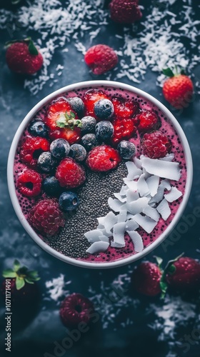 Delicious pink smoothie bowl decorated with fresh and frozen berries, chia seeds and coconut flakes