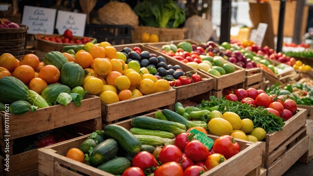 A vibrant display of fresh fruits and vegetables at a market. A vibrant display of fresh fruits and vegetables at a market.