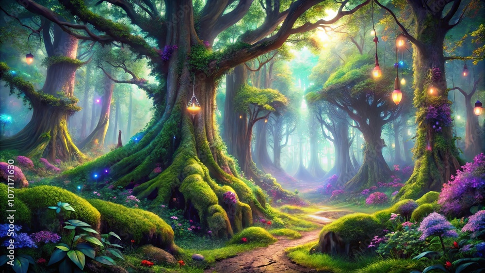 Enchanted Forest Path Illuminates Lush Green Canopy With Glowing Lanterns and Vibrant Flowers Enchanted Forest Path Illuminates Lush Green Canopy With Glowing Lanterns and Vibrant Flowers